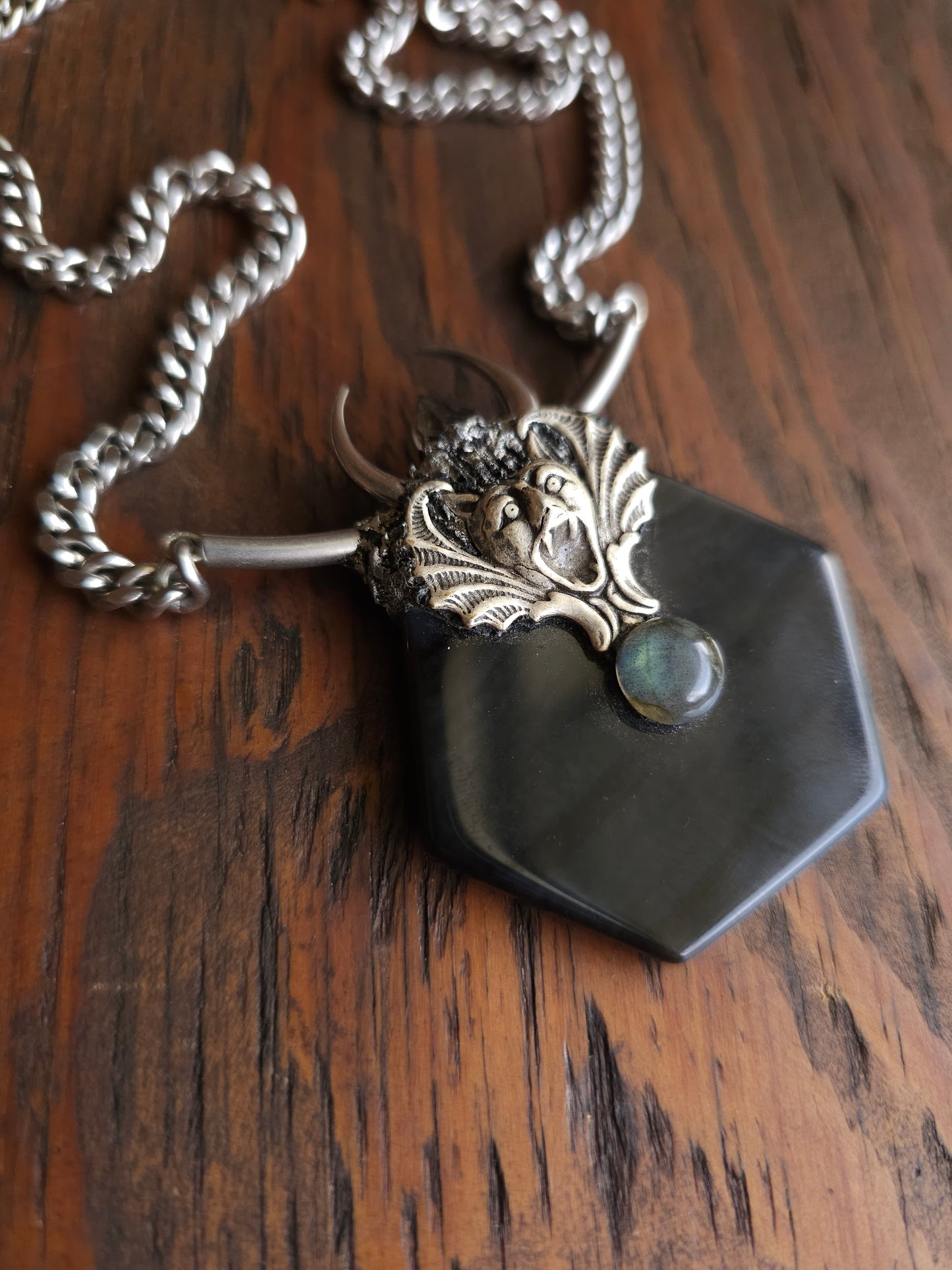 Black agate gargoye amulet necklace