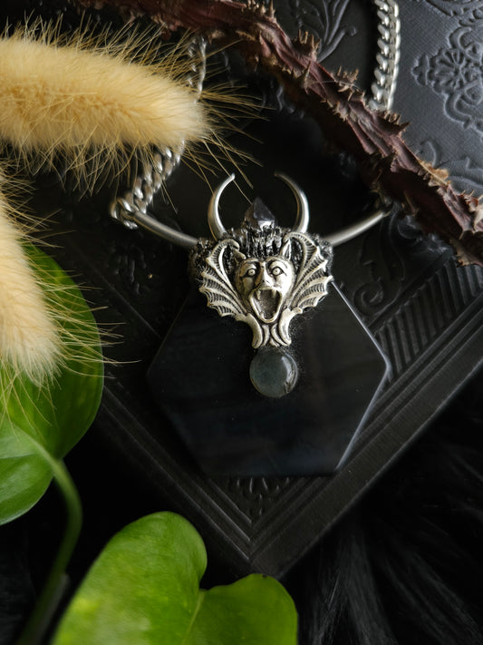 Black agate gargoye amulet necklace