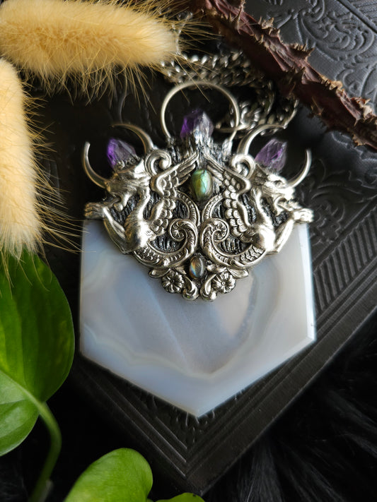 Gray Agate dragon amulet necklace
