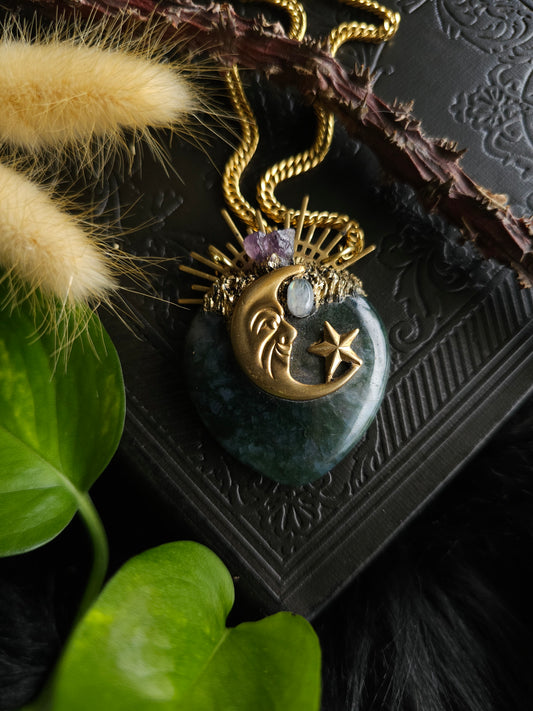 Moss agate moon amulet necklace