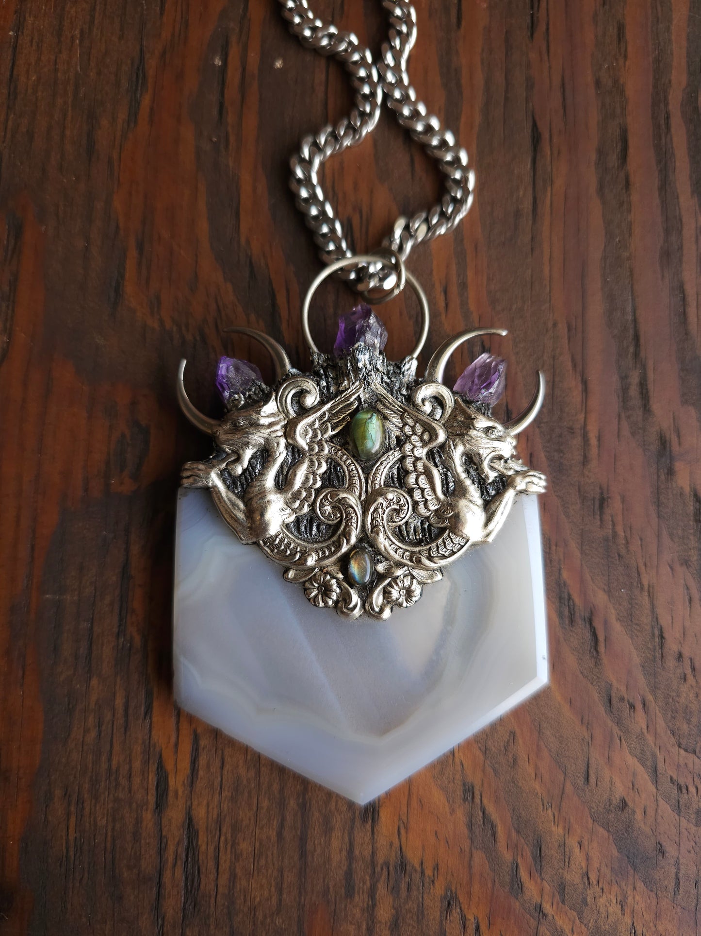 Gray Agate dragon amulet necklace