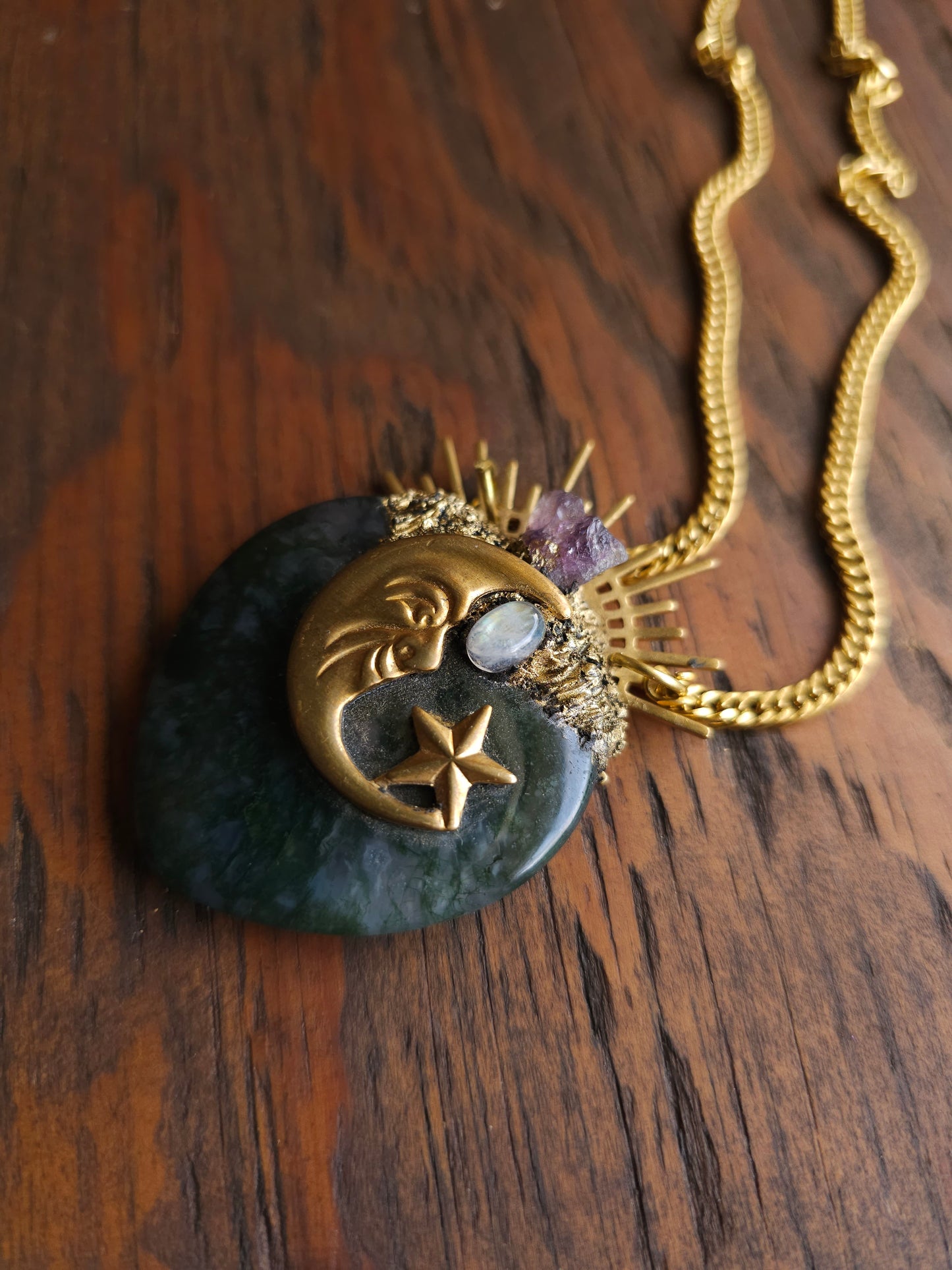 Moss agate moon amulet necklace