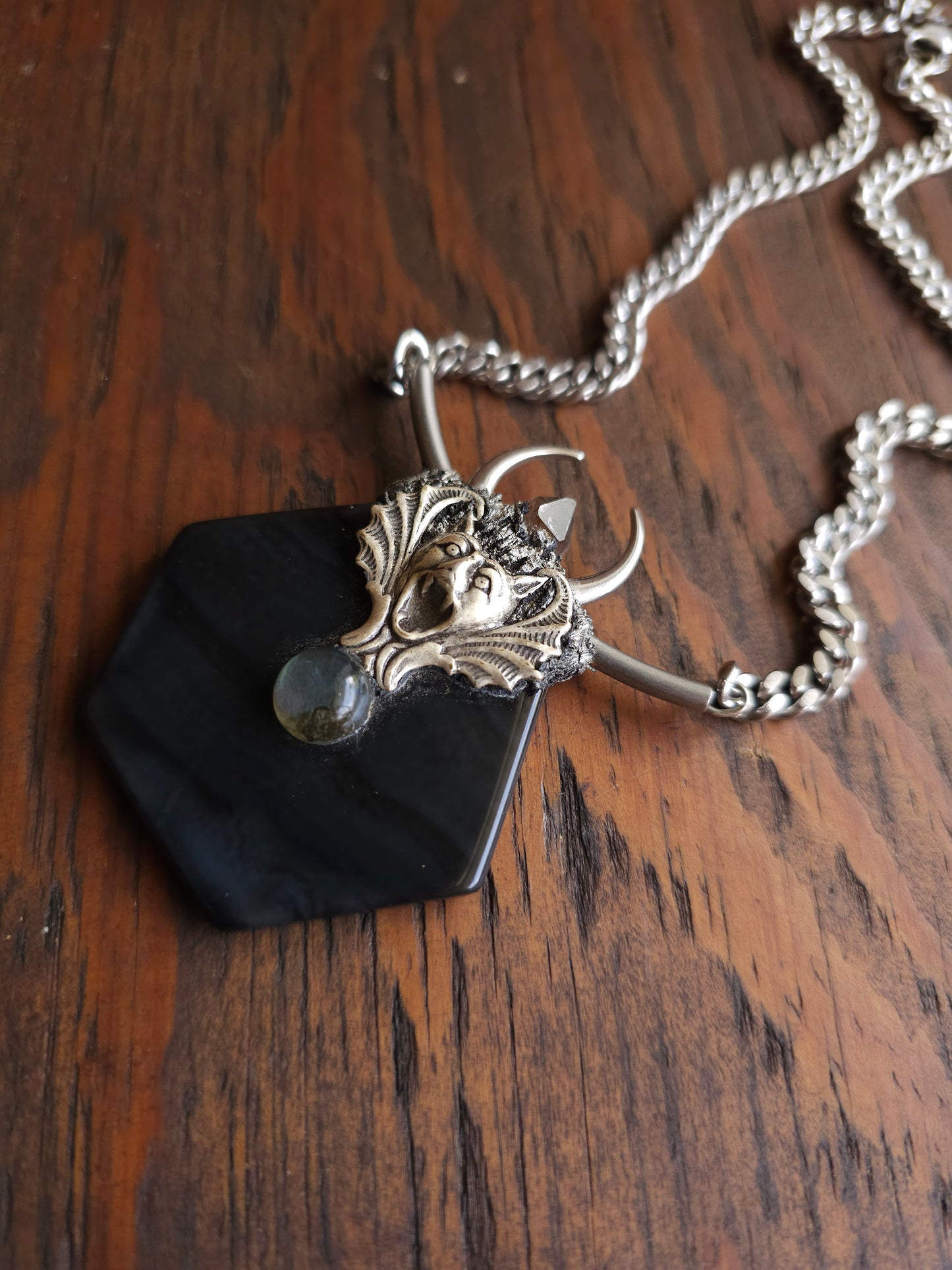 Black agate gargoye amulet necklace