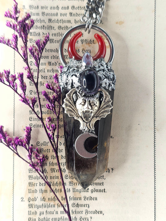 Smokey quartz gargoyle amulet necklace