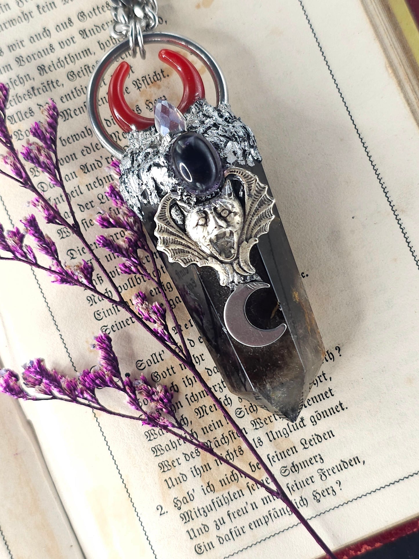 Smokey quartz gargoyle amulet necklace