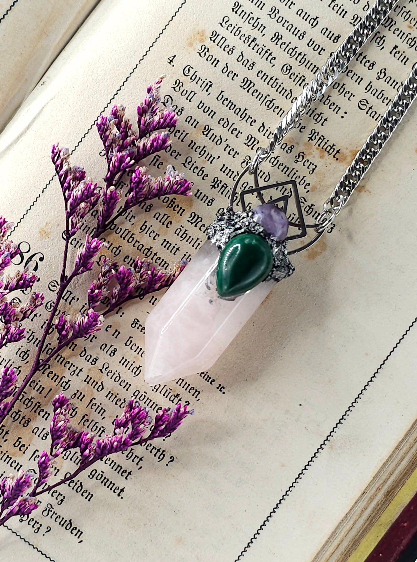 Geometric rose quartz amulet