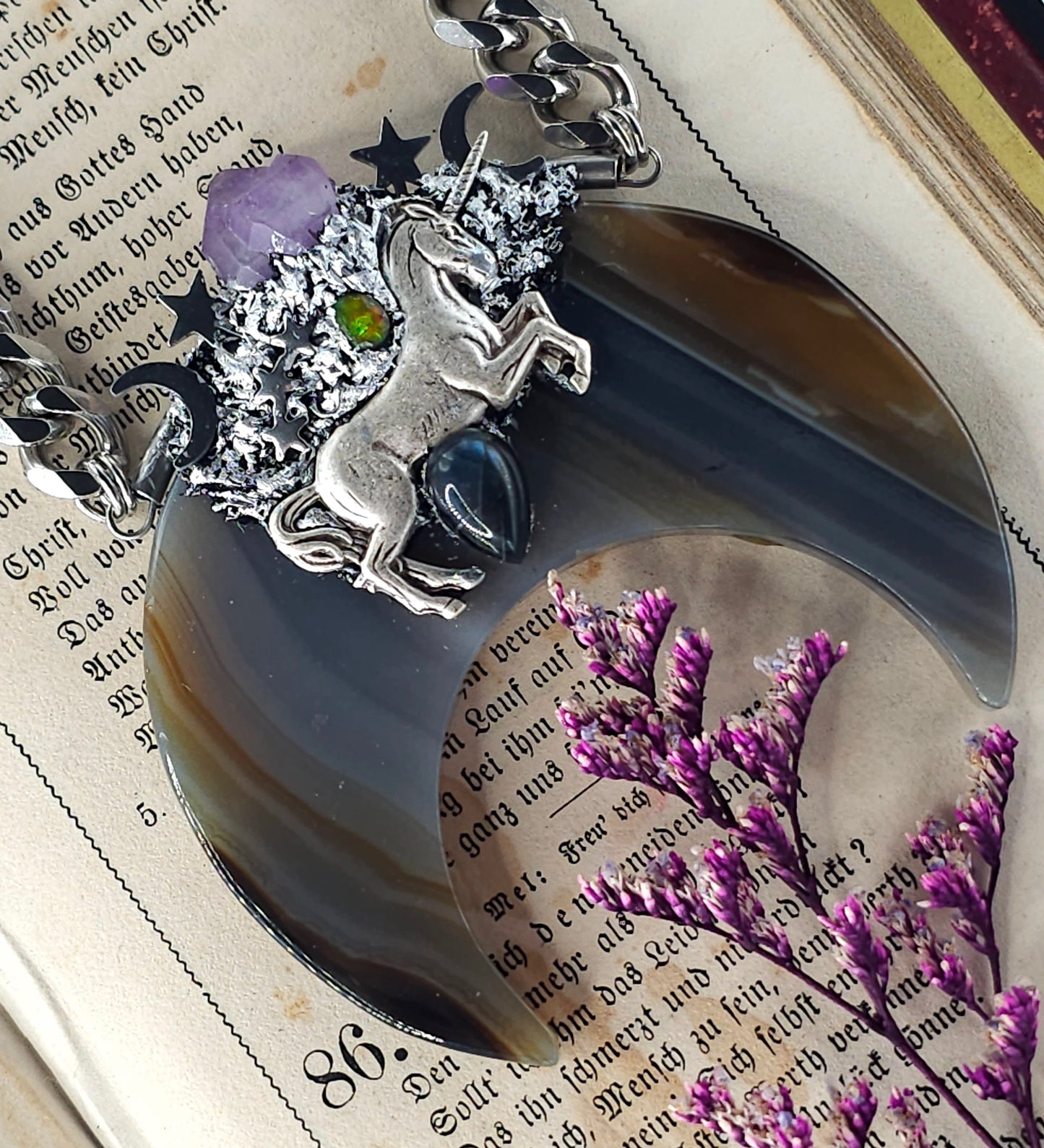 Gray agate unicorn amulet