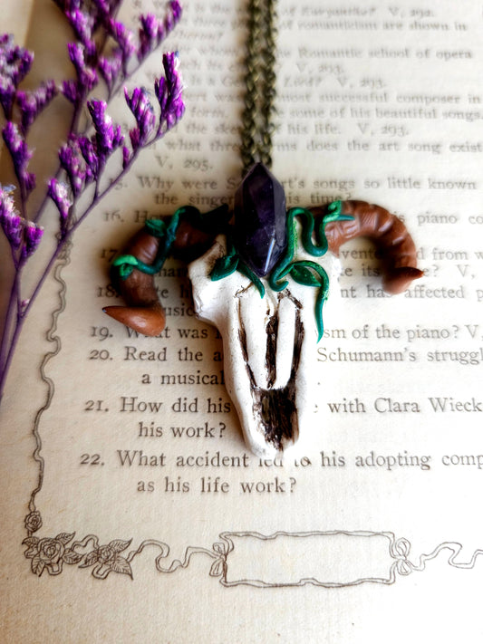 Amethyst ram skull necklace