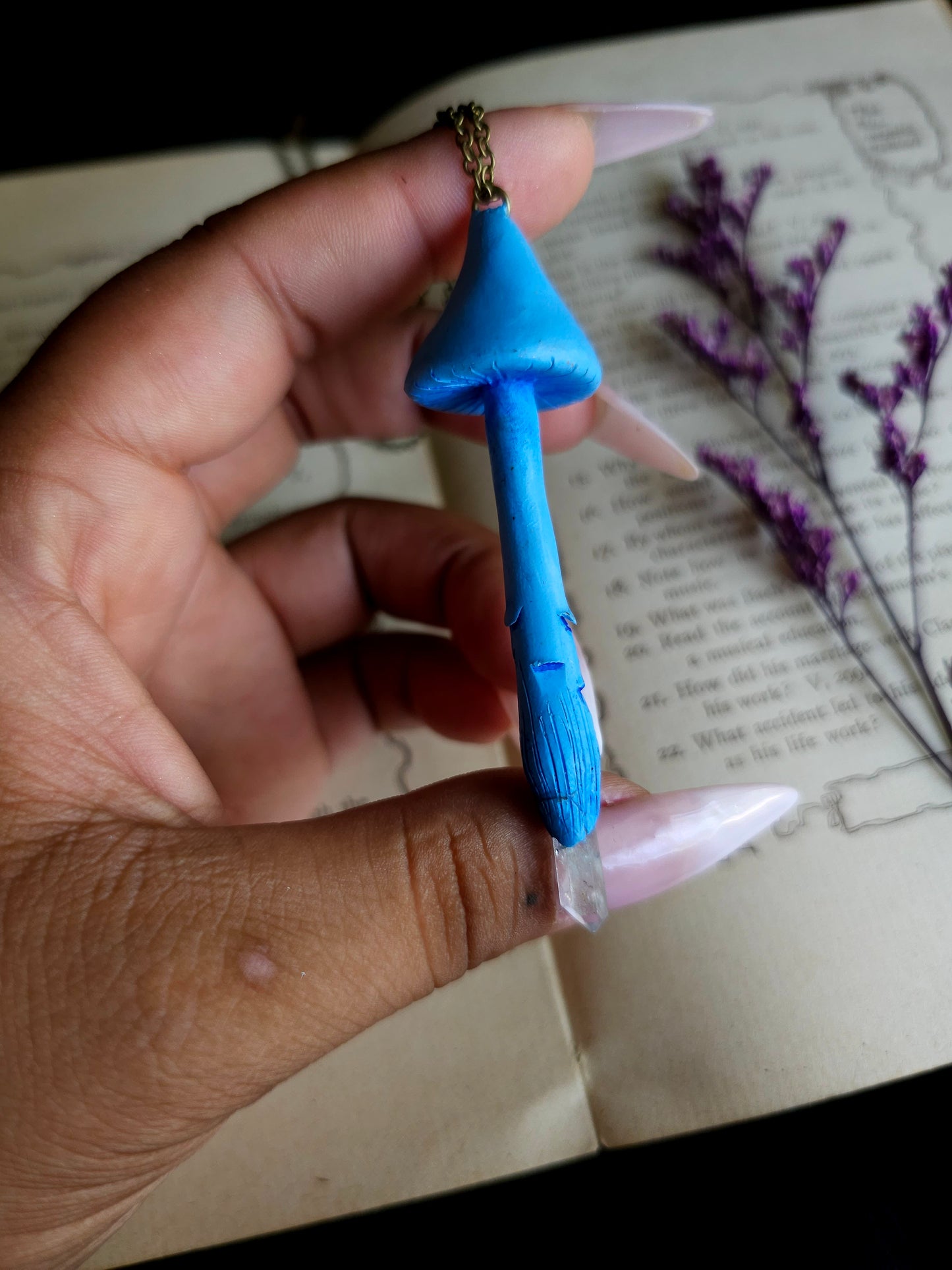 Clear quartz blue mushroom necklace