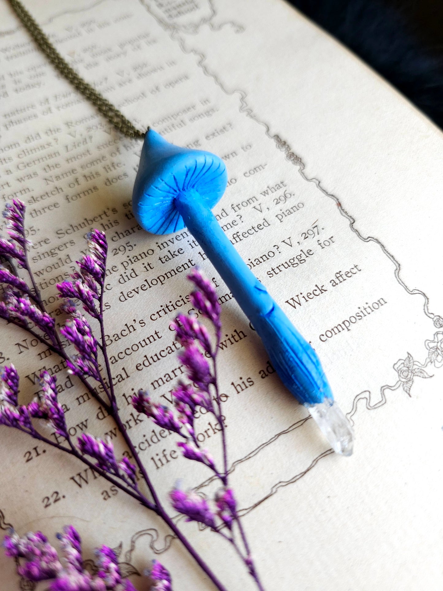 Clear quartz blue mushroom necklace