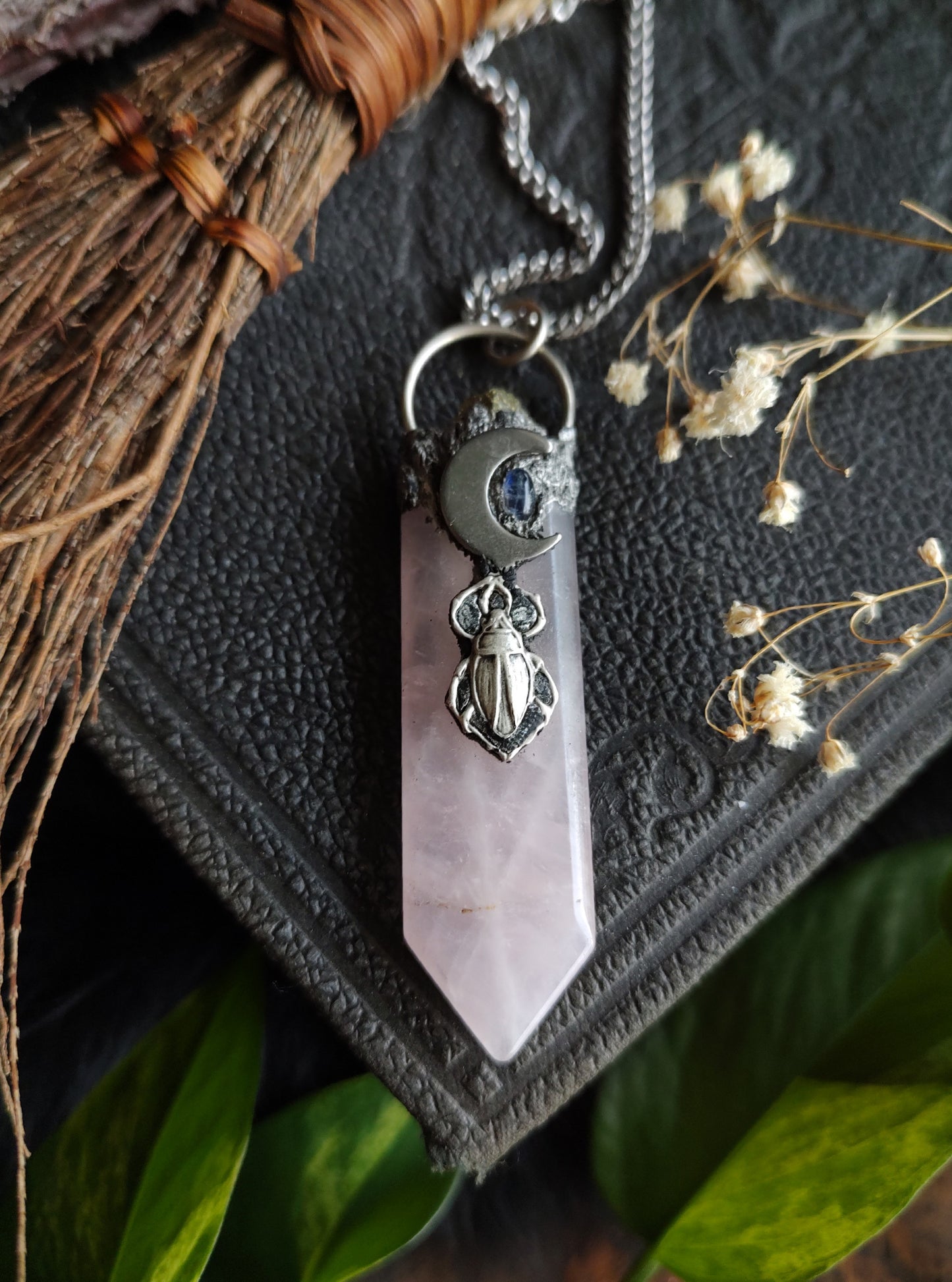 Rose quartz scarab necklace