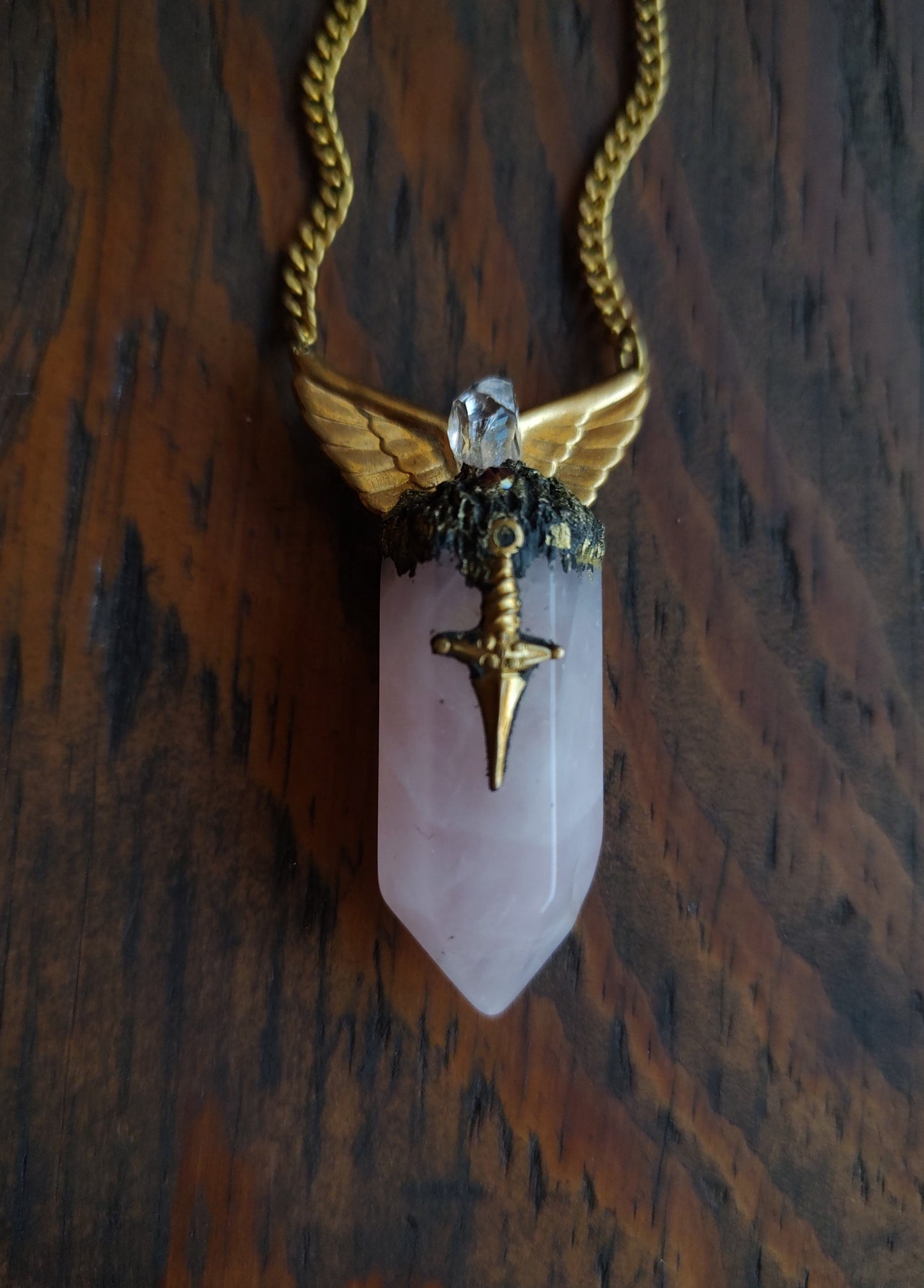 Rose quartz sword amulet